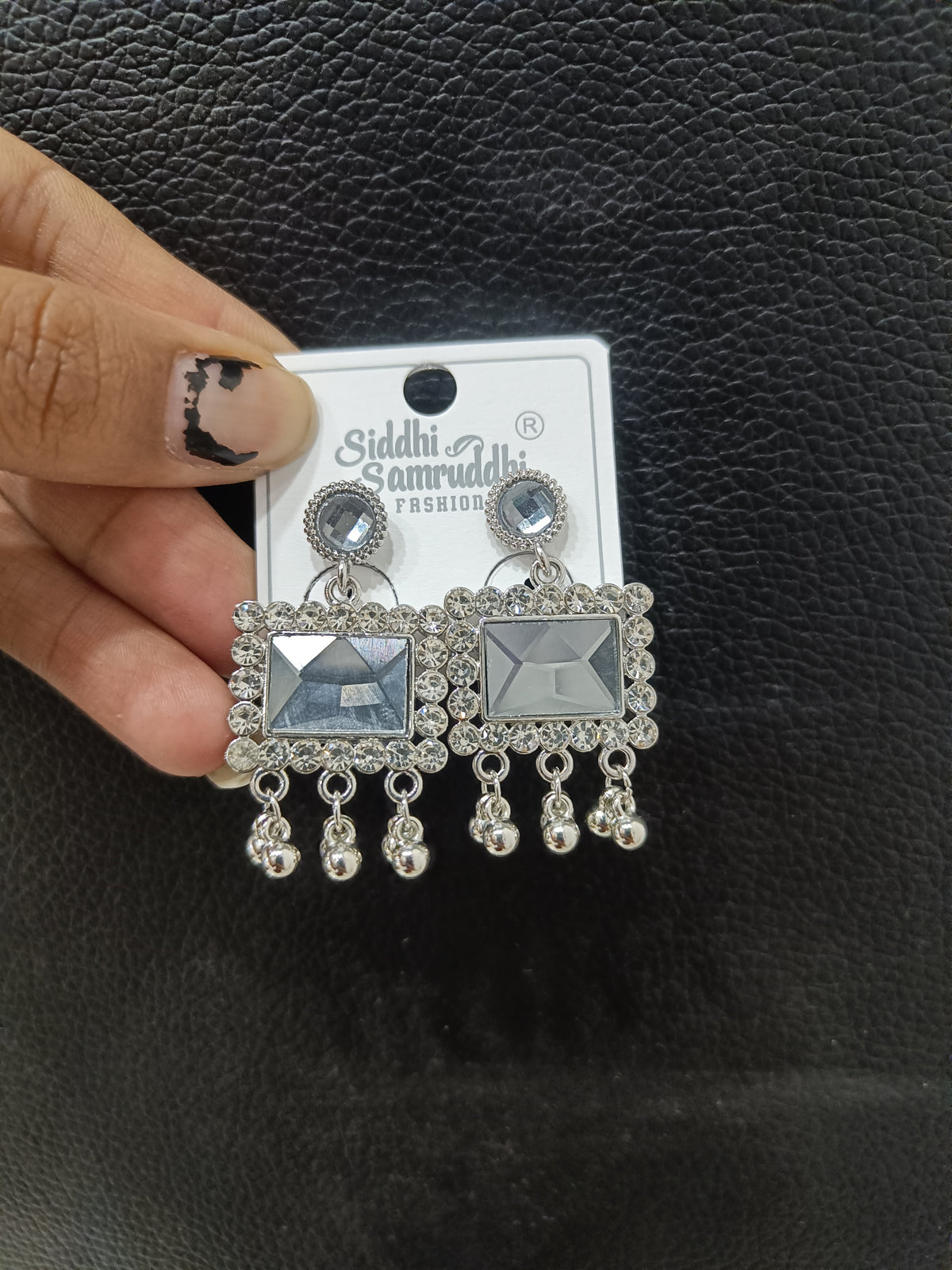 Grey Square Crystal Dangle Earrings with Rhinestone Border