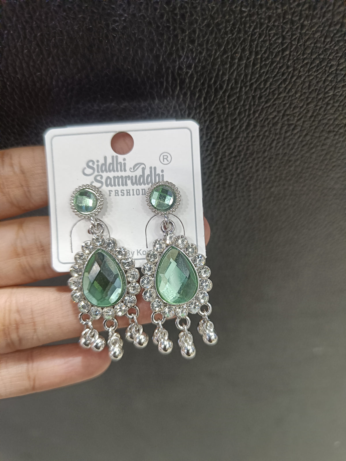 Light Green Teardrop silver Crystal Dangle Earrings with Rhinestone Halo
