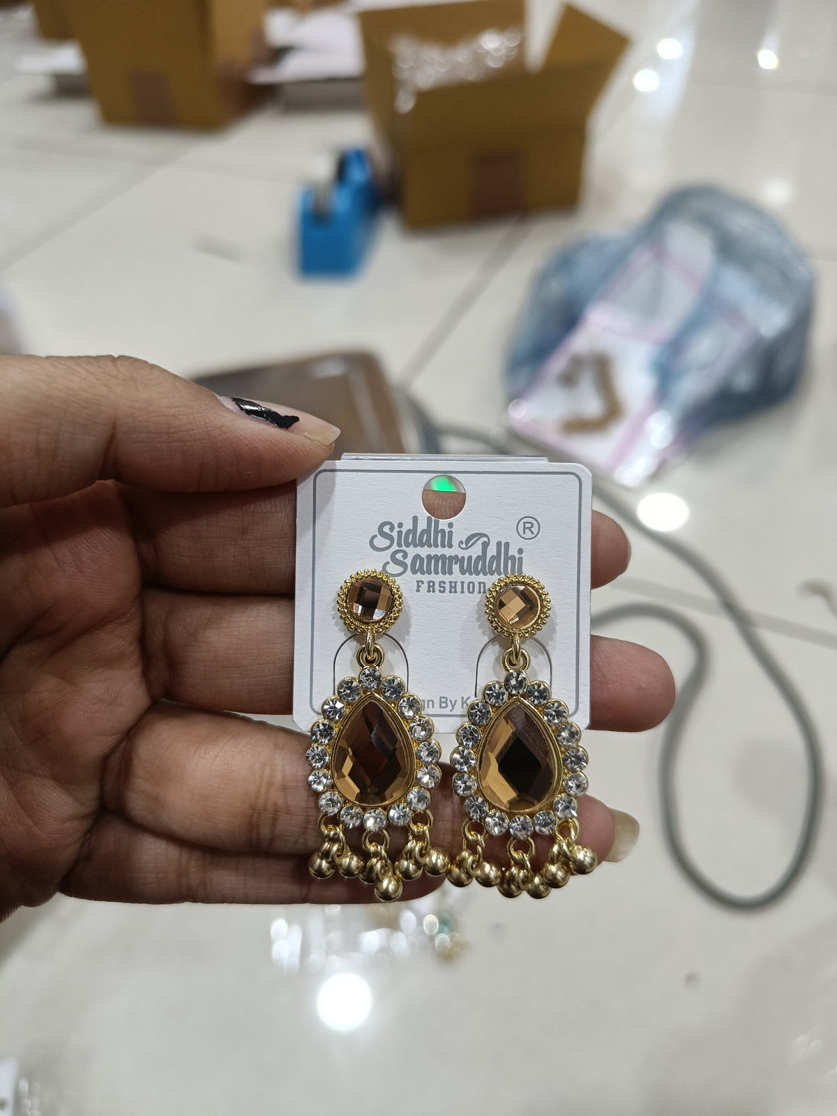 Golden Teardrop Stone Dangle Earrings with Crystal Halo