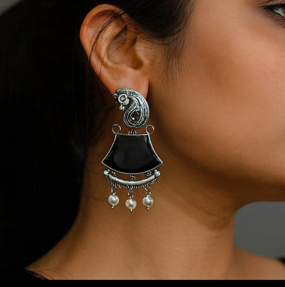 Traditional Oxidized Pearl Drop Earrings