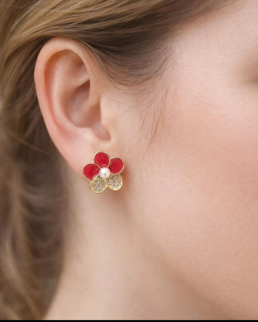 Korean Flower Pearl Stud Earrings