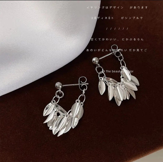 Korean Silver Leaf Tassel Earrings