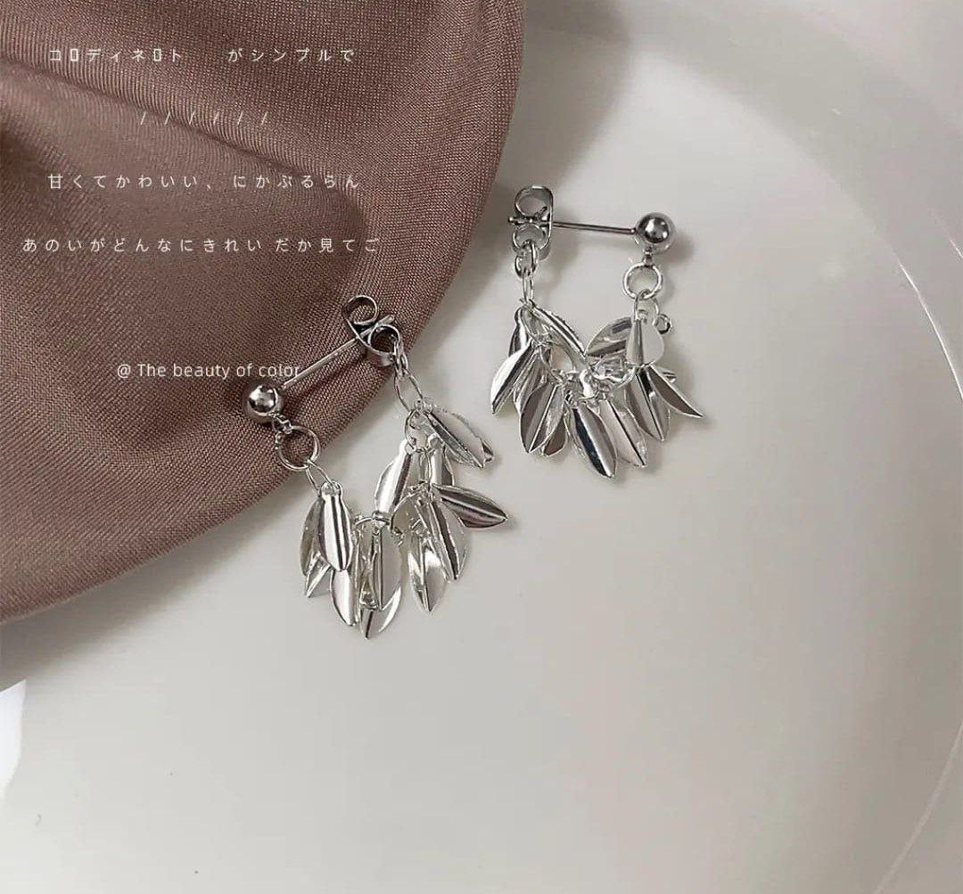 Korean Silver Leaf Tassel Earrings