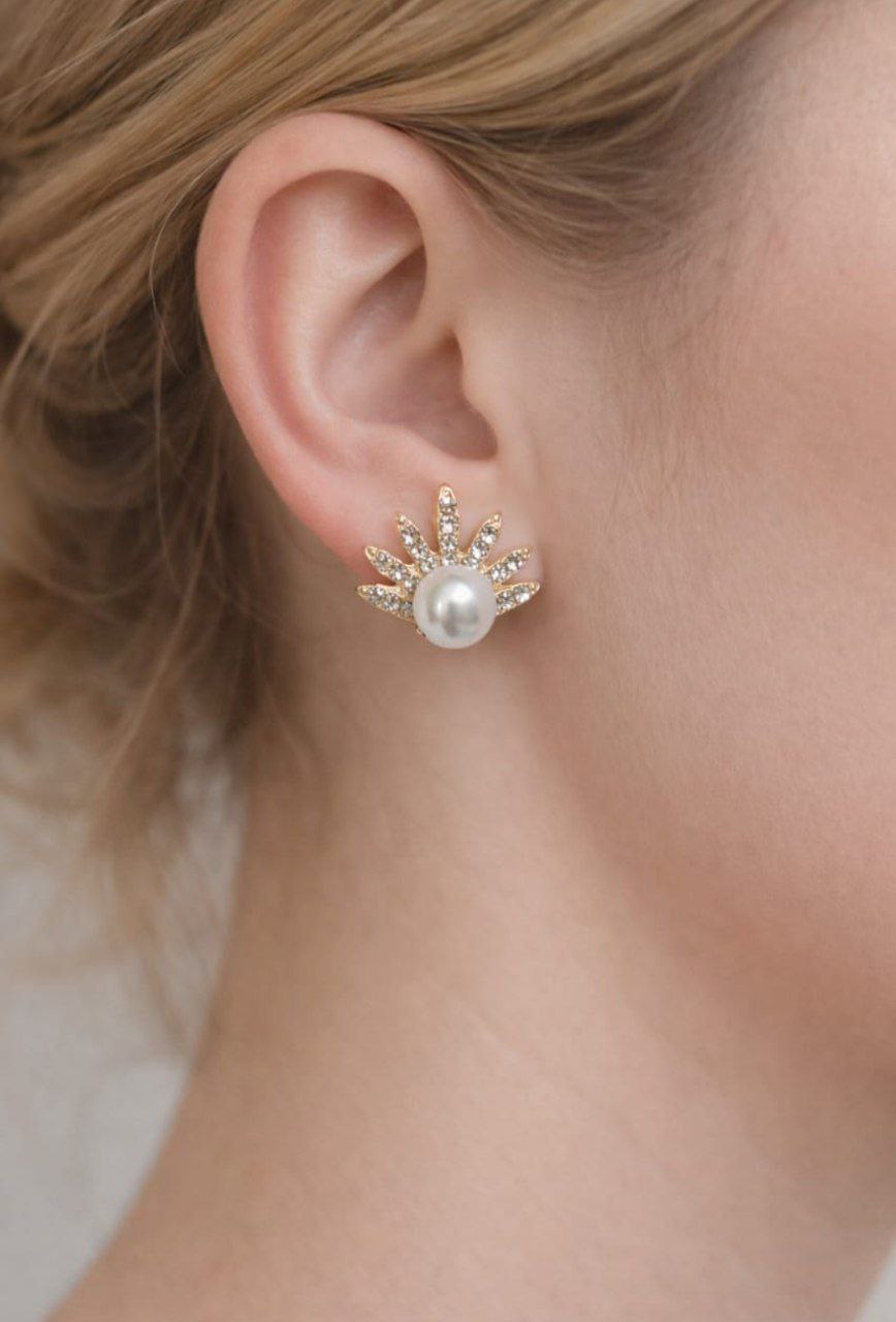Korean Pearl Sunburst Crystal Stud Earrings