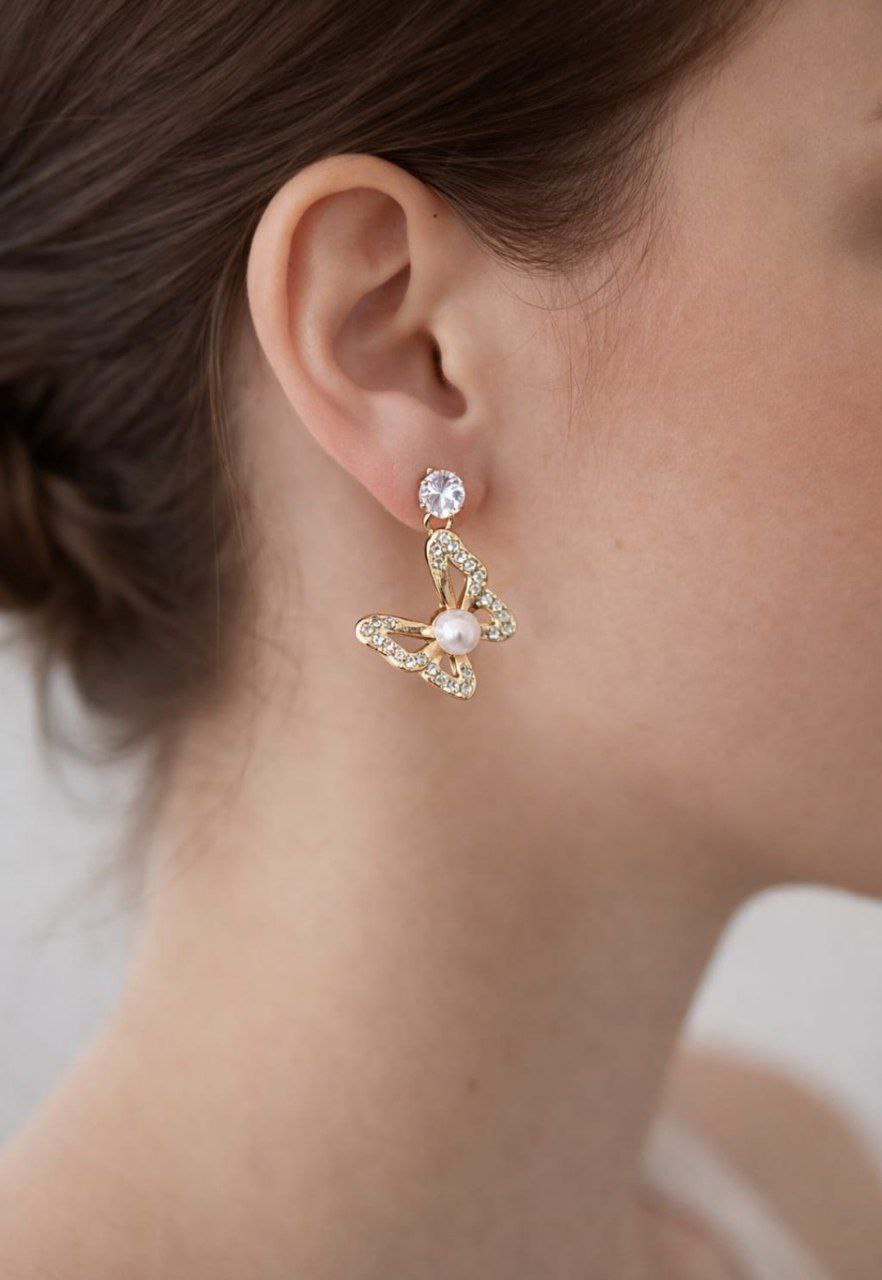 Korean Gold Plated Butterfly Pearl Drop Earrings
