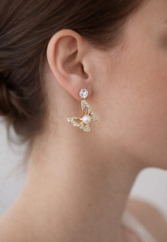 Korean Gold Plated Butterfly Pearl Drop Earrings