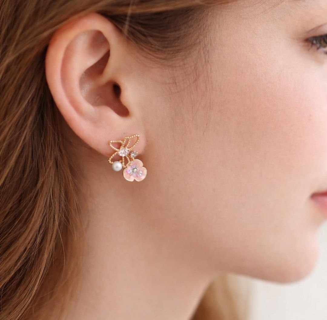 Korean Floral Pearl Drop Earrings
