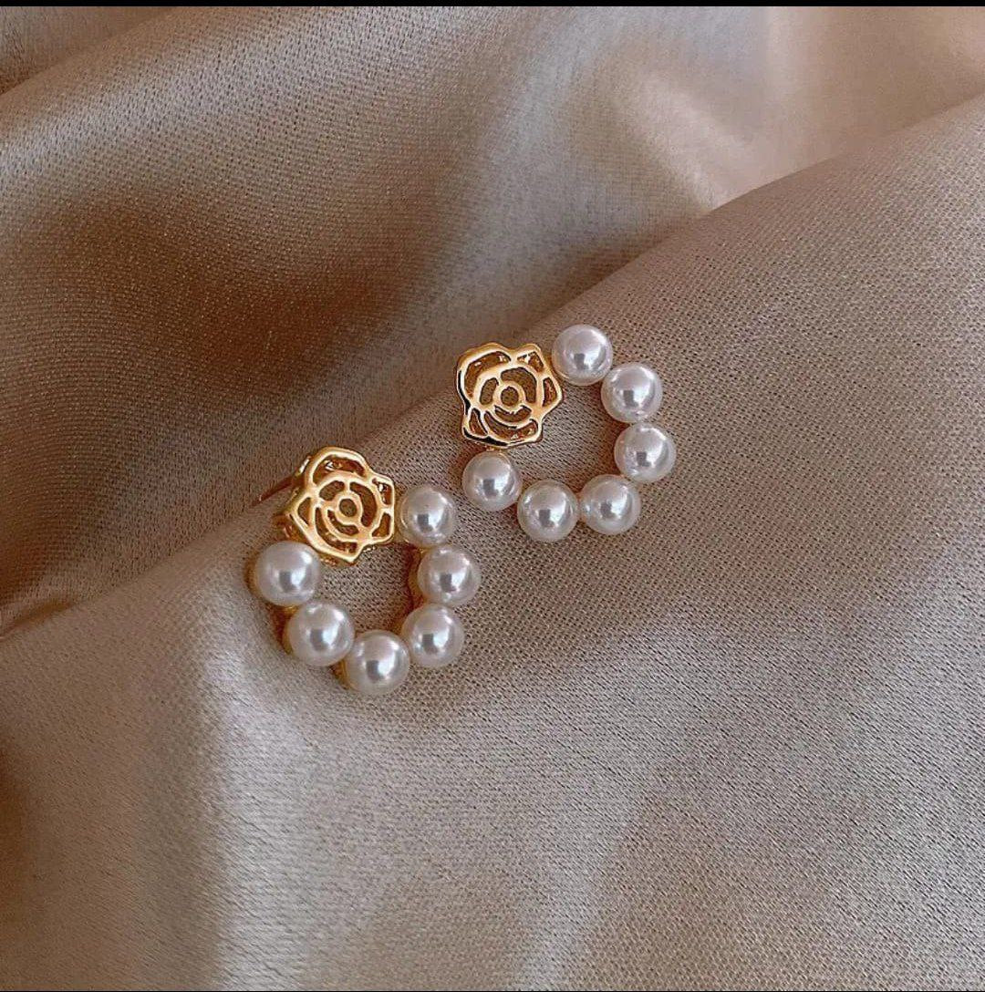 Korean Rose Pearl Hoop Earrings