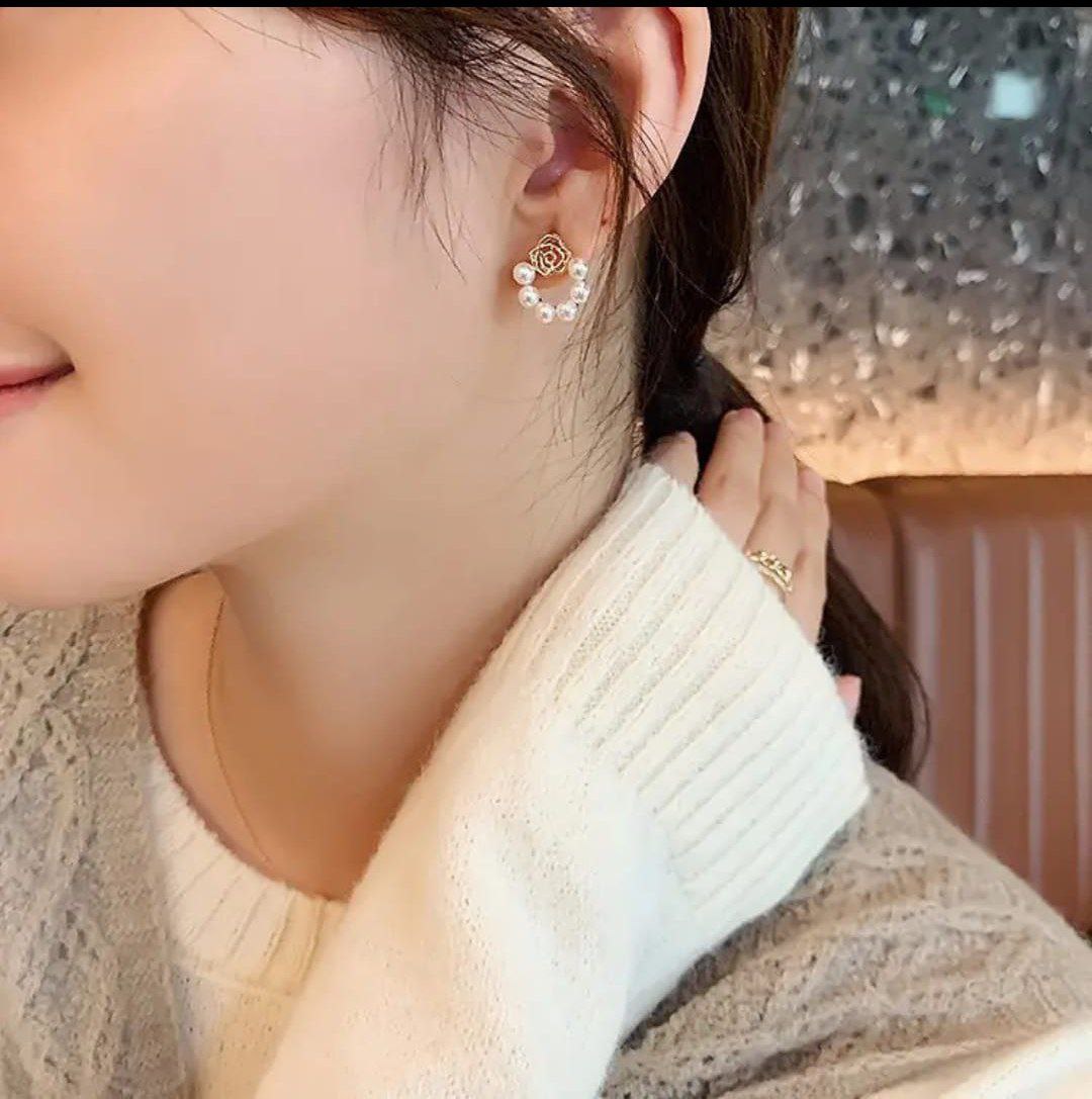 Korean Rose Pearl Hoop Earrings