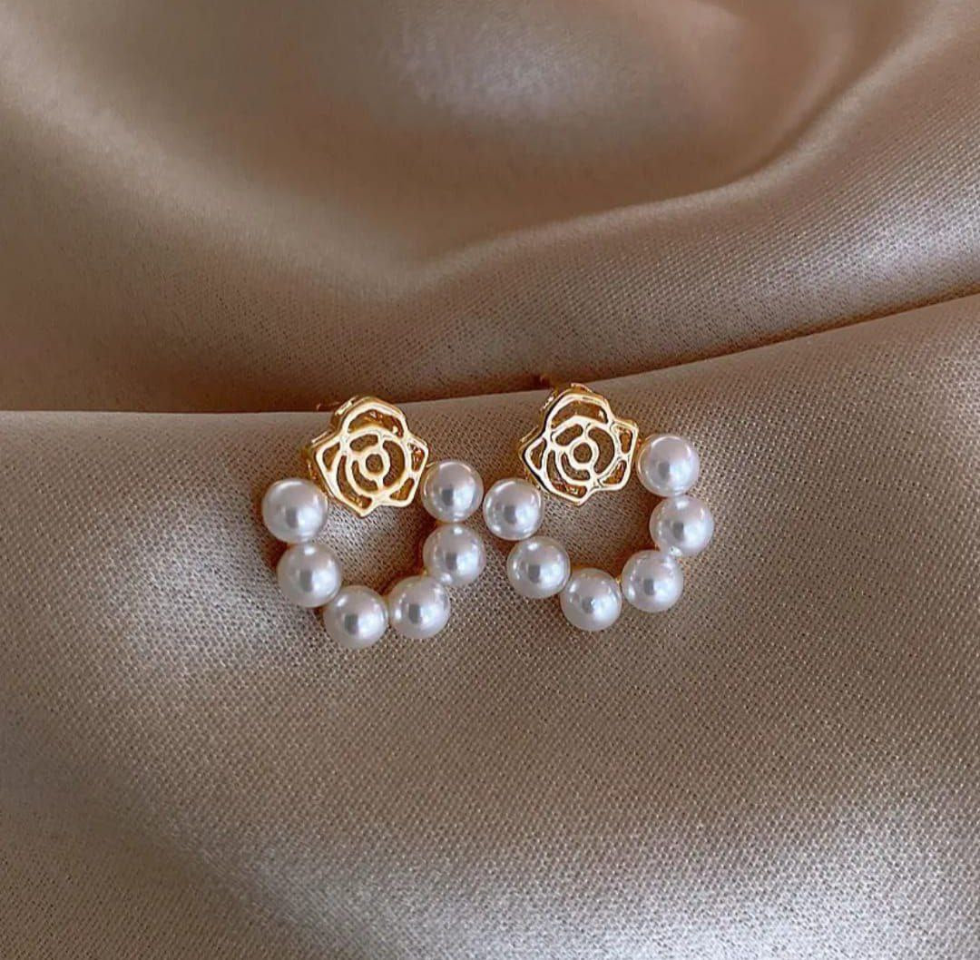 Korean Rose Pearl Hoop Earrings