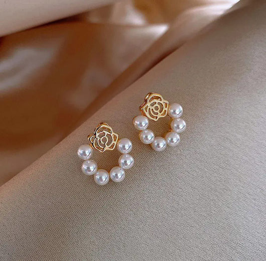 Korean Rose Pearl Hoop Earrings