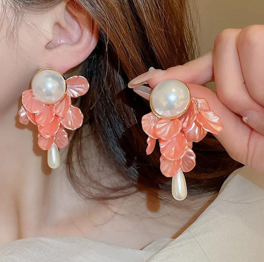 Korean Blossom Pearl Hanging Earrings