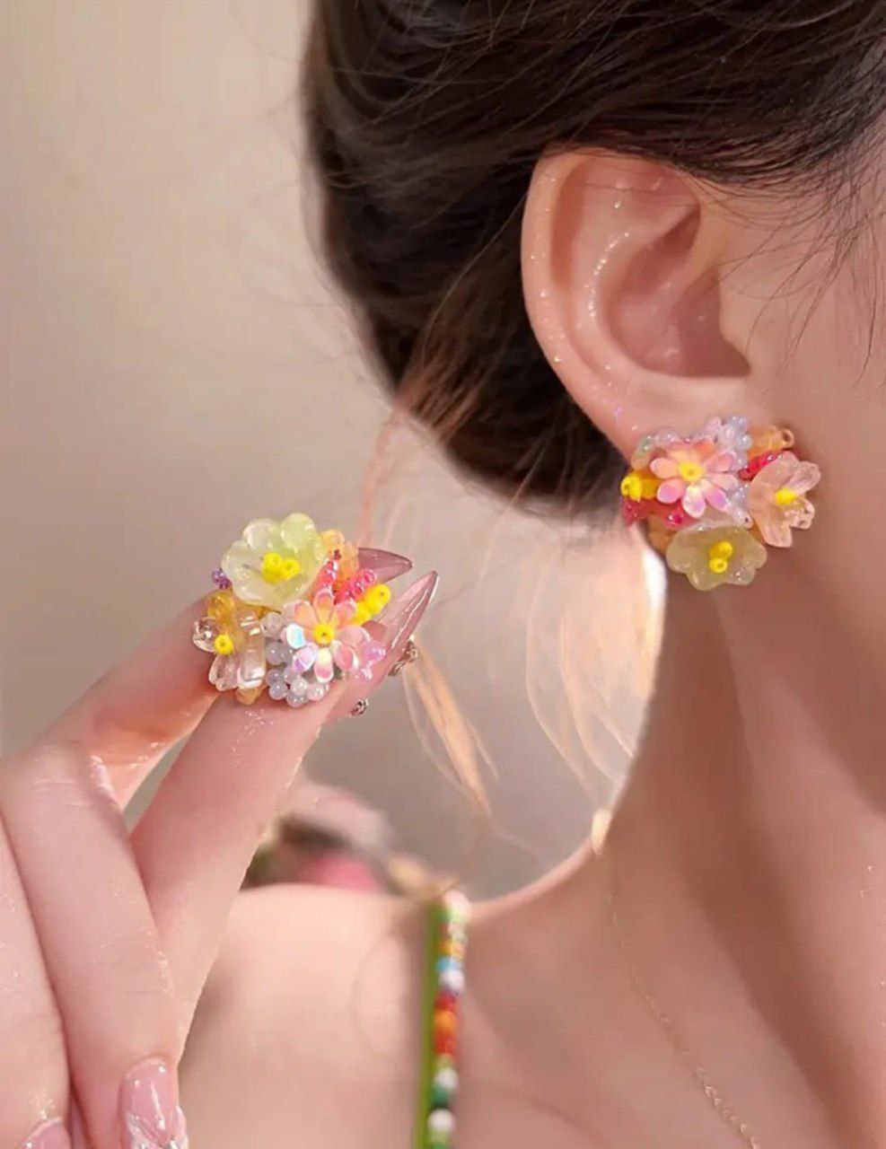 Korean Style Floral Cluster Stud Earrings – Pastel Resin Flower Design