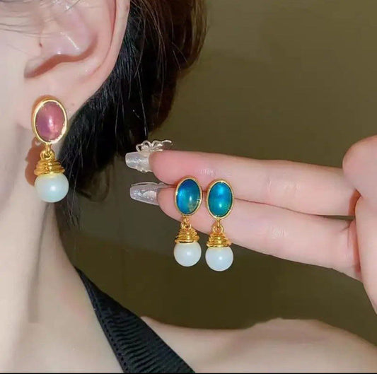 Korean Oval Stone Pearl Drop Earrings
