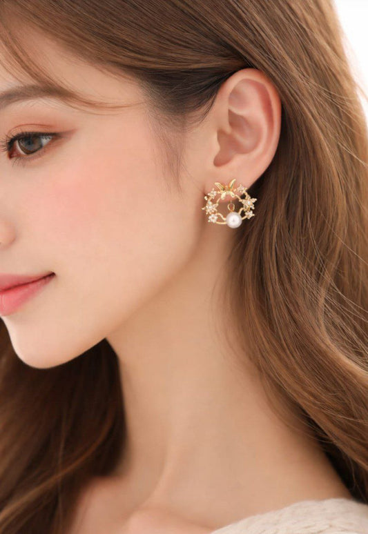 Korean Butterfly pearl crystal hoop earrings