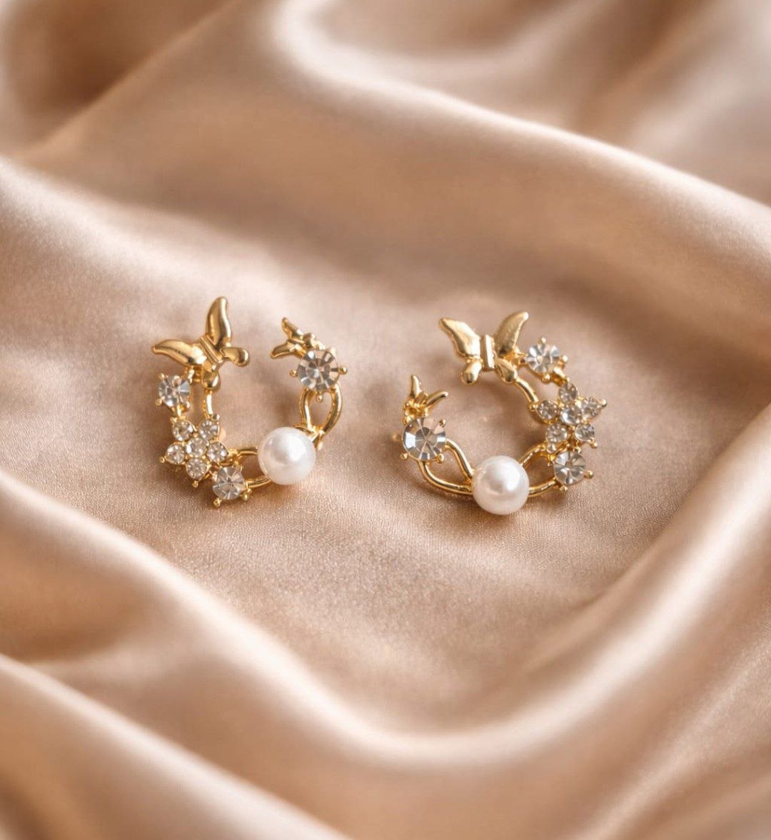 Korean Butterfly pearl crystal hoop earrings