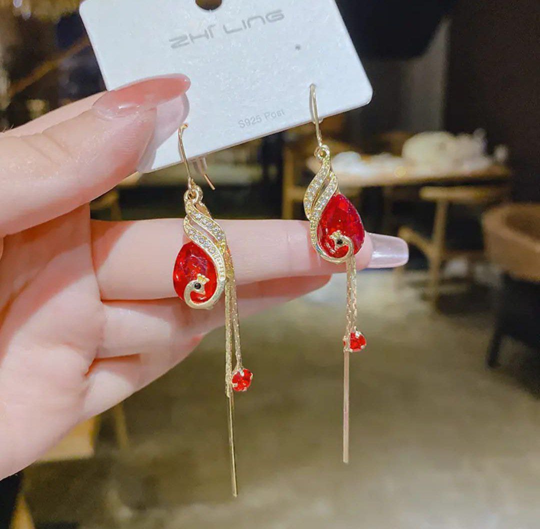 Korean Red Crystal Long Tassel Drop Earrings