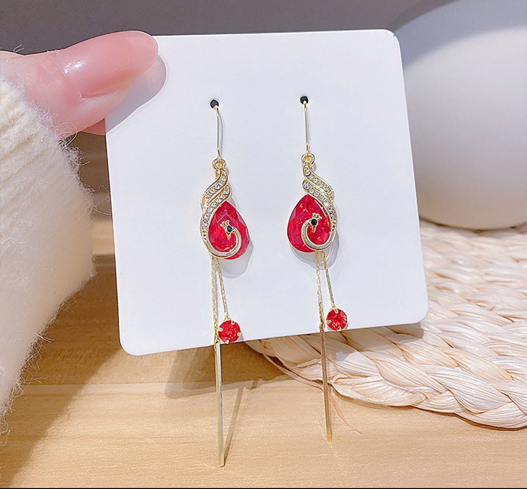 Korean Red Crystal Long Tassel Drop Earrings