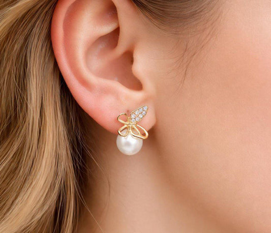 Korean Golden Crystal Butterfly Pearl Drop Earrings