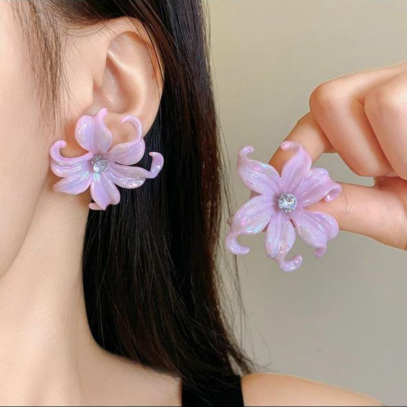 Korean Pink Flower Stud Earrings