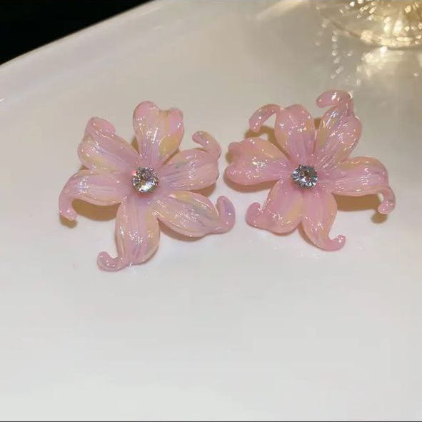 Korean Pink Flower Stud Earrings