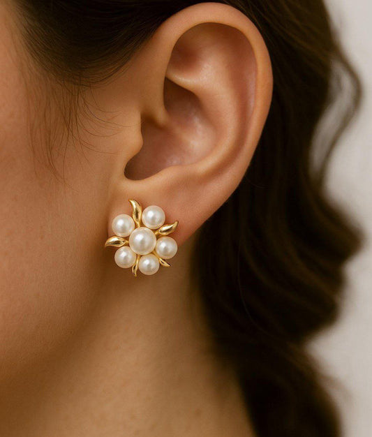 Korean Pearl Flower Blossom Stud Earrings