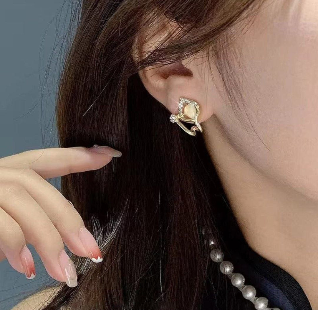 Golden Pearl Leaf Korean Earrings