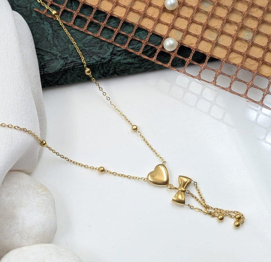 Anti-Tarnish Bow Heart Charm Necklace