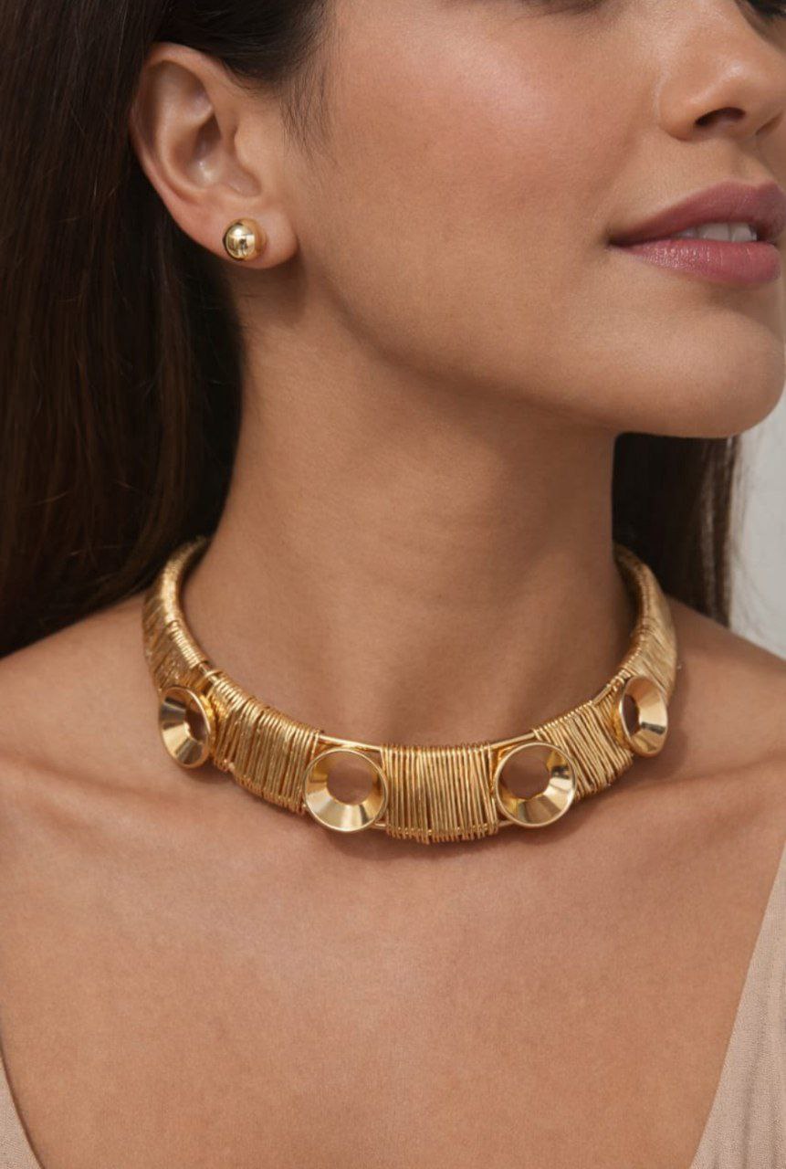 Stainless Steel Gold Statement Choker Earring Combo Set