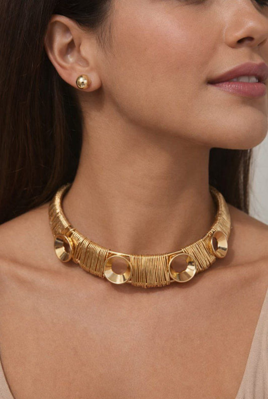 Stainless Steel Gold Statement Choker Earring Combo Set