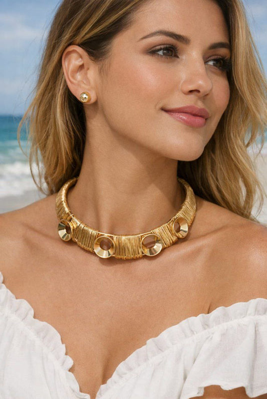 Stainless Steel Gold Statement Choker Earring Combo Set