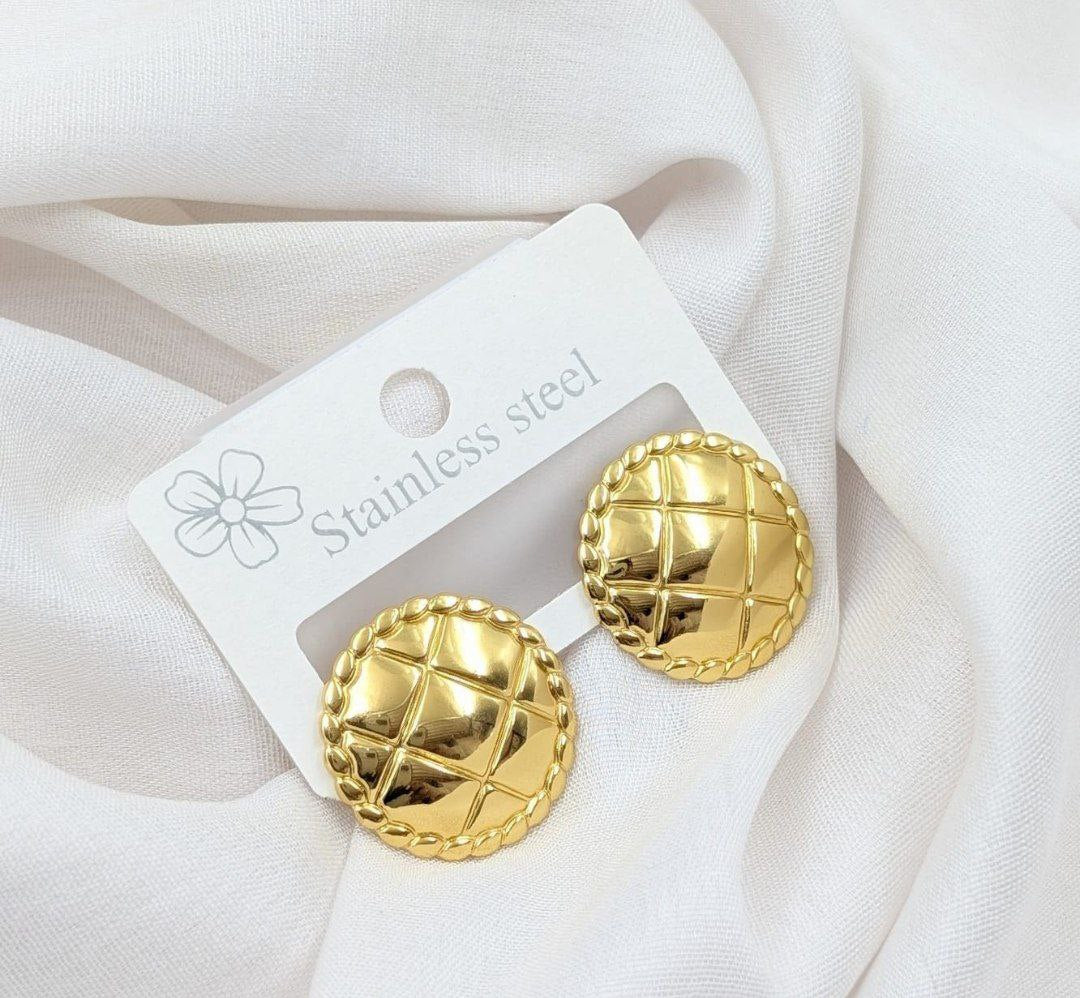 Golden Quilted Pattern Stainless Steel Stud Earrings