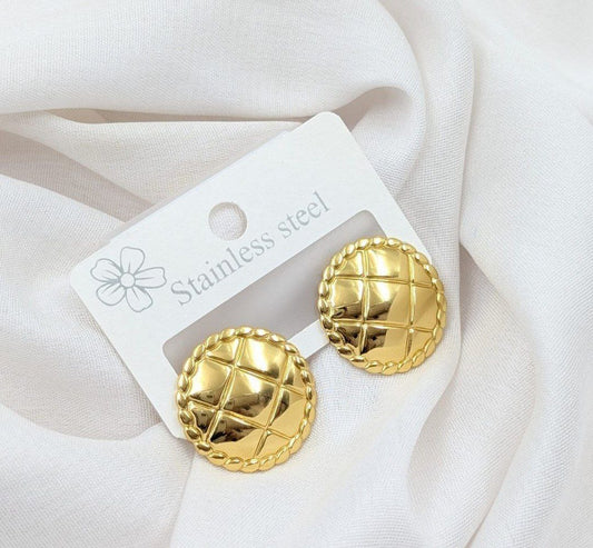 Golden Quilted Pattern Stainless Steel Stud Earrings