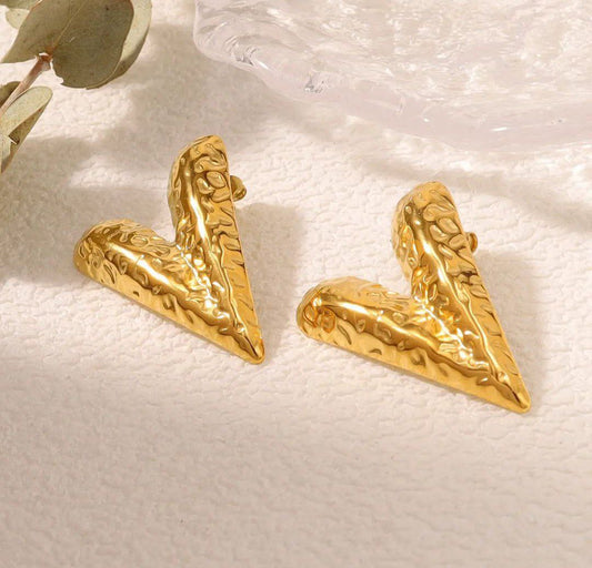 Anti-Tarnish Golden Hammered Heart Earrings