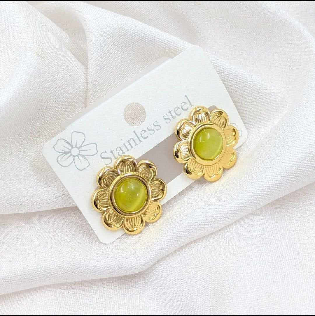 Anti-Tarnish Lime Glow Floral Studs