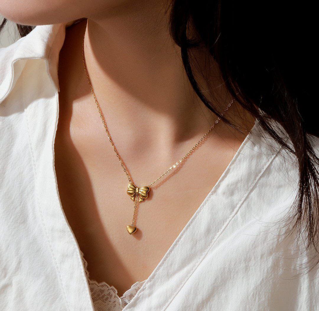 Anti-Tarnish Golden Bow Heart Necklace