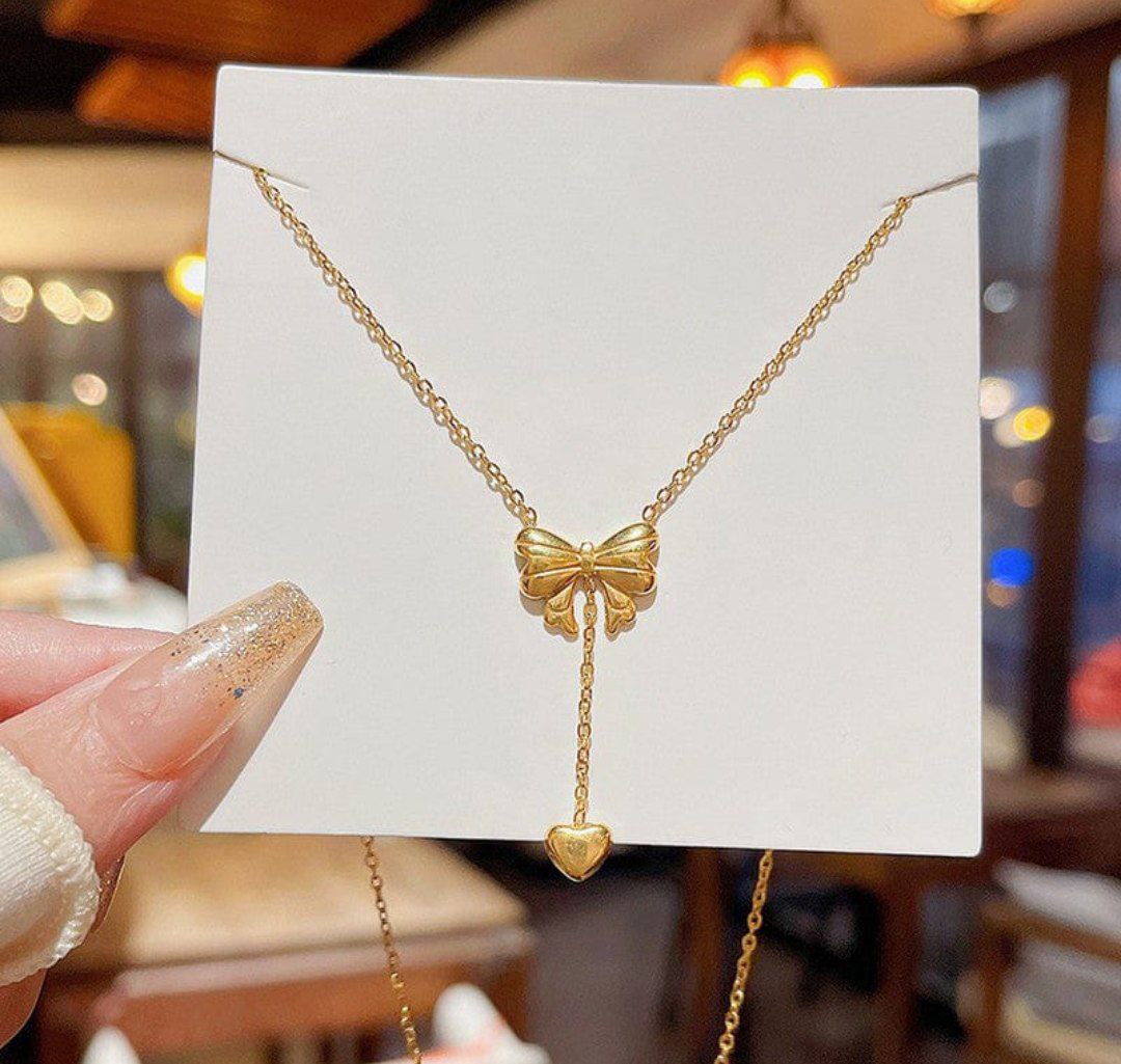Anti-Tarnish Golden Bow Heart Necklace