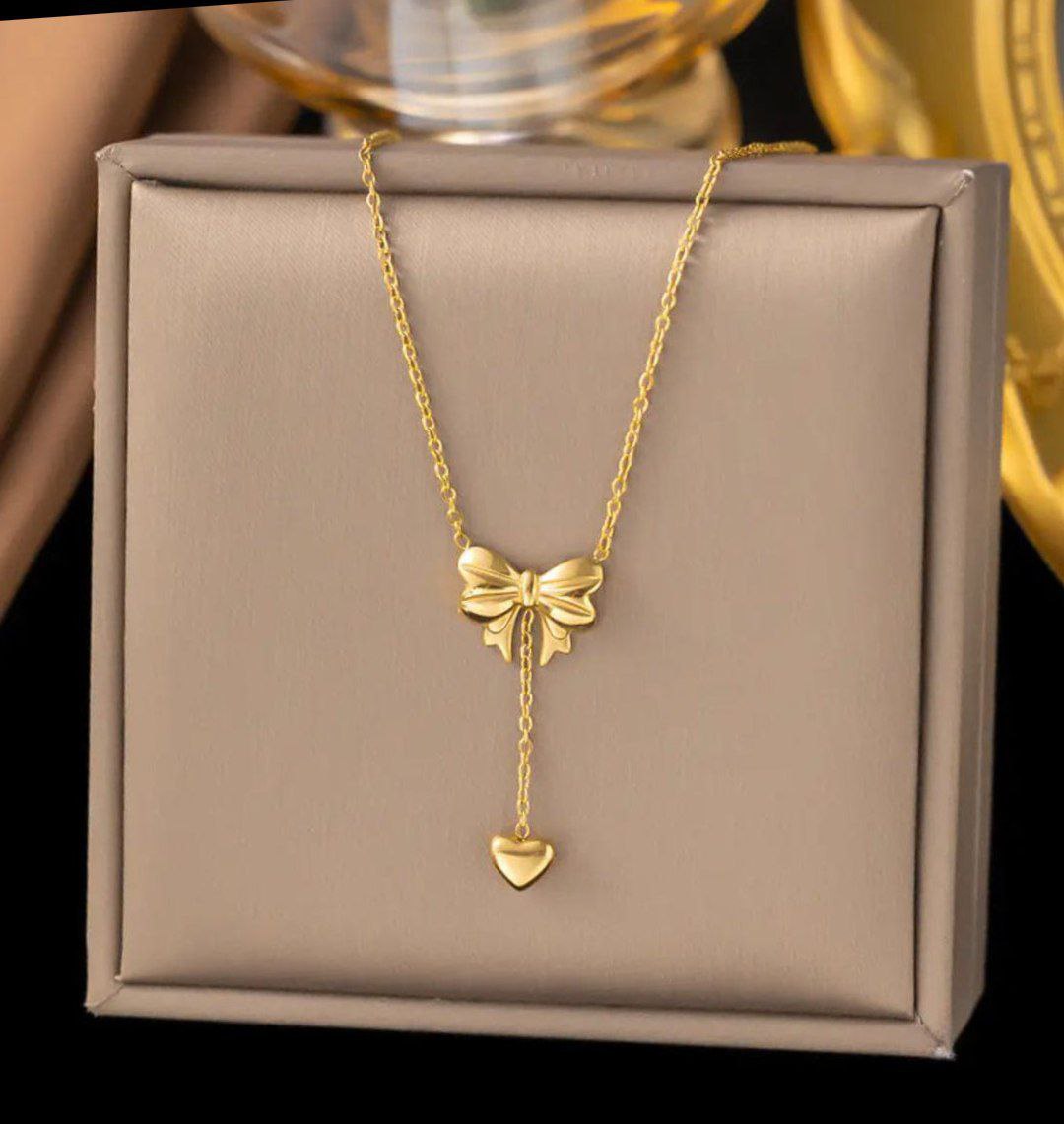 Anti-Tarnish Golden Bow Heart Necklace