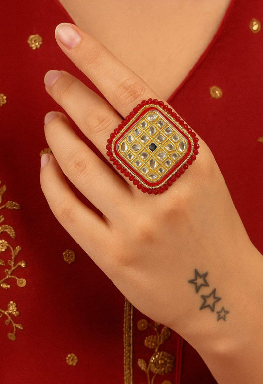 Royal Kundan Red Statement Ring
