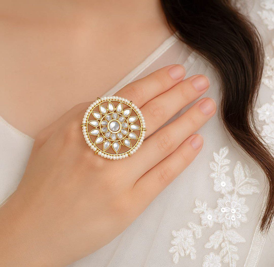Pearl Sunburst Kundan Statement Ring