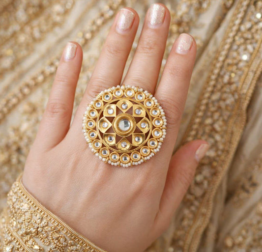 Royal Kundan Pearl Statement Floral Adjustable Ring