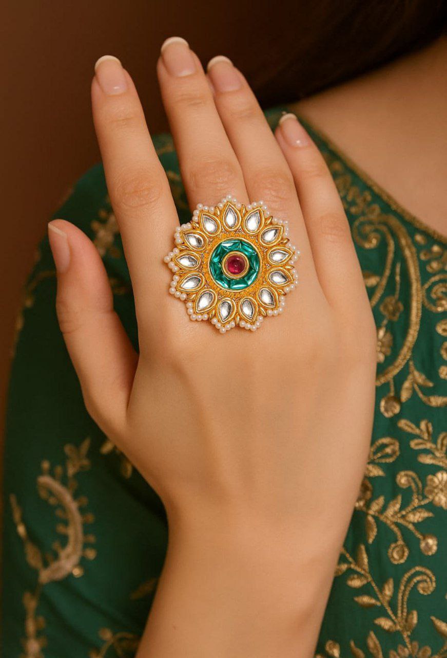 Royal Kundan Floral Statement Ring – Green & Ruby Stone Adjustable Ring