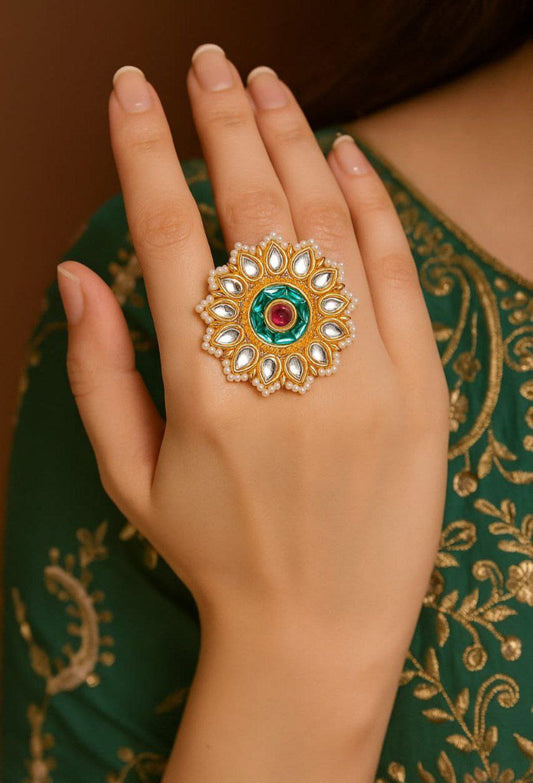 Royal Kundan Floral Statement Ring – Green & Ruby Stone Adjustable Ring