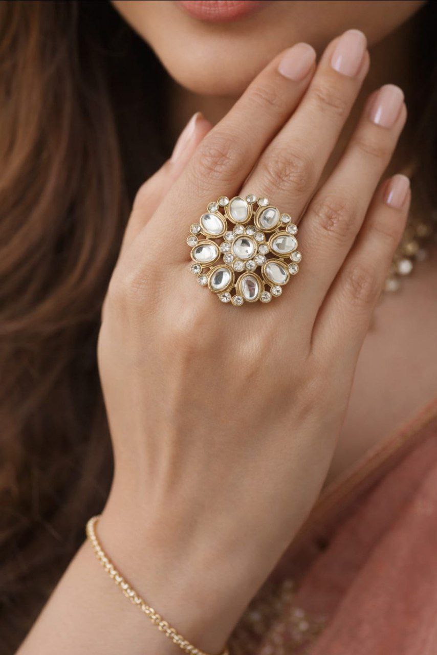 Luxury Kundan Mirror Statement Ring – Crystal Studded Adjustable Floral Ring