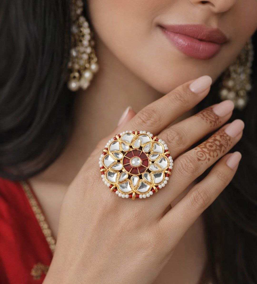 Royal Kundan Red Floral Statement Ring