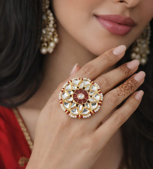 Royal Kundan Red Floral Statement Ring
