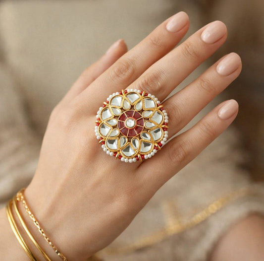 Royal Kundan Red Floral Statement Ring
