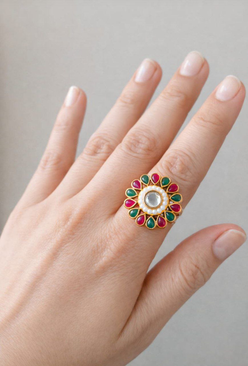 Elegant Kundan Pearl Floral Ring Multi Stone Adjustable Statement Ring