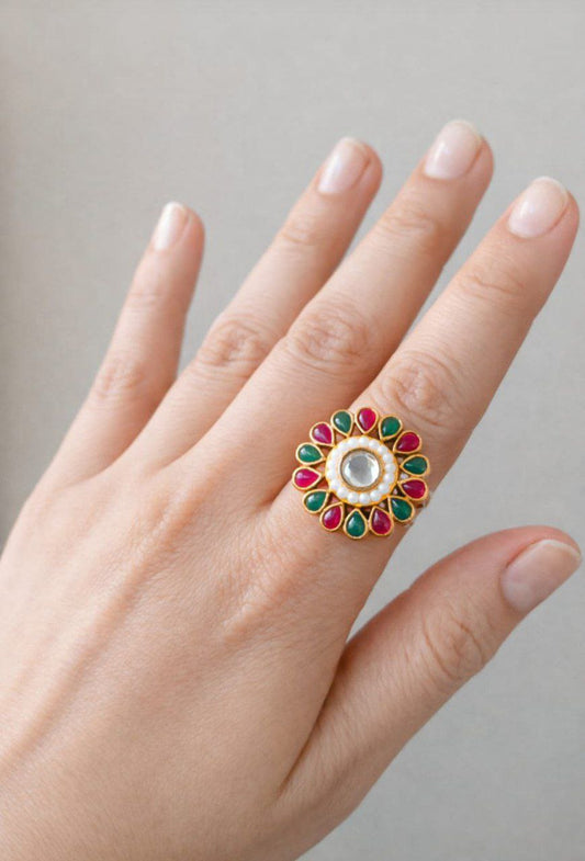 Elegant Kundan Pearl Floral Ring Multi Stone Adjustable Statement Ring