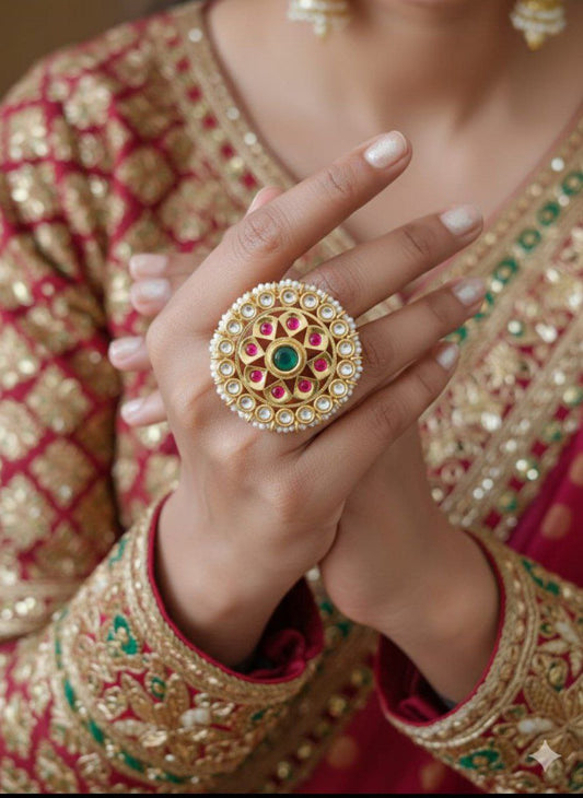 Royal Kundan Pearl Statement Floral Adjustable Ring